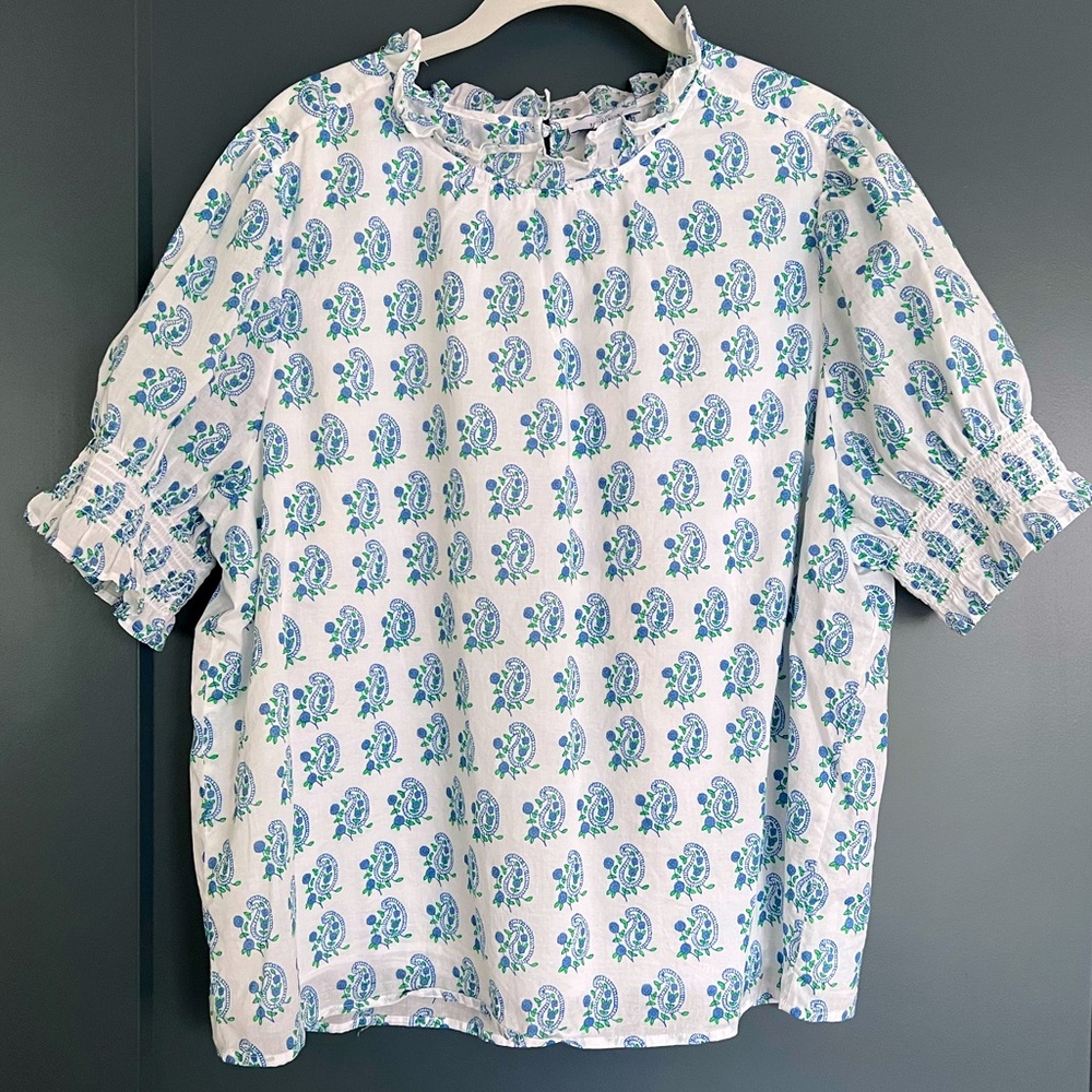 SZ Blockprints™ X J.Crew smocked puff-sleeve top in blue paisley Size XXL